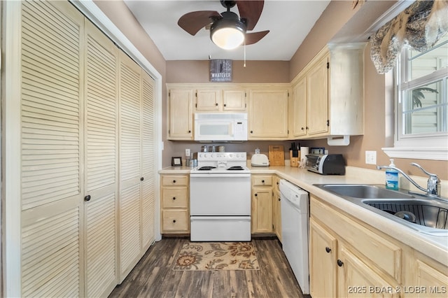 40 Lighthouse Rd Unit 2-301, Lake Ozark, MO 65049 - kitchen with white appliances, dark wood finished floors, ceiling fan, and light countertops