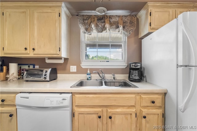 40 Lighthouse Rd Unit 2-301, Lake Ozark, MO 65049 - kitchen featuring white appliances, light countertops, and light brown cabinetry