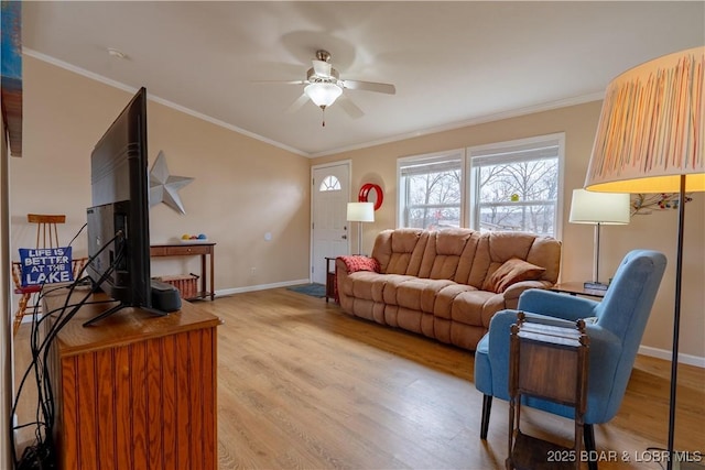 965 Four Waters Dr, Sunrise Beach, MO 65079 - living area featuring light wood-style floors, a ceiling fan, and crown molding