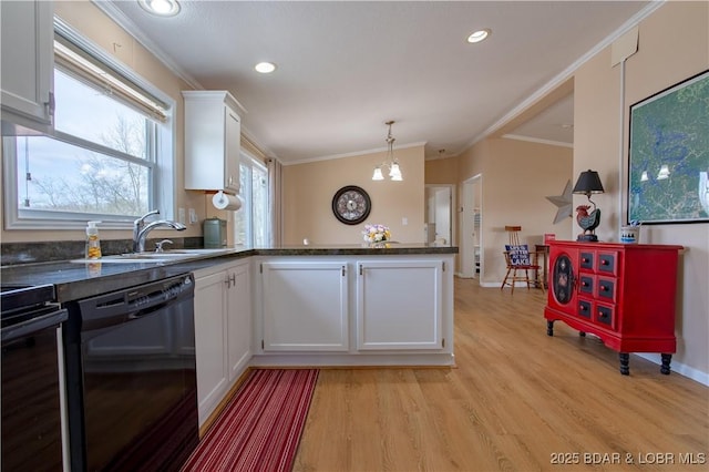 965 Four Waters Dr, Sunrise Beach, MO 65079 - kitchen featuring black dishwasher, a peninsula, white cabinets, dark countertops, and ornamental molding
