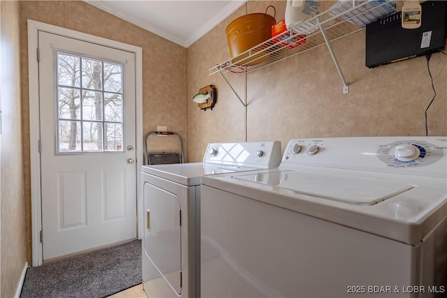 965 Four Waters Dr, Sunrise Beach, MO 65079 - laundry room with separate washer and dryer, ornamental molding, and light carpet