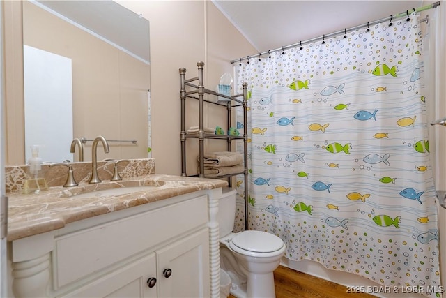 965 Four Waters Dr, Sunrise Beach, MO 65079 - full bathroom with vanity, a shower with curtain, and wood finished floors