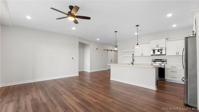 104 Sierra Bay Dr Unit 1A, Camdenton, MO 65020 - kitchen featuring stainless steel appliances, a barn door, a ceiling fan, dark wood-type flooring, and recessed lighting