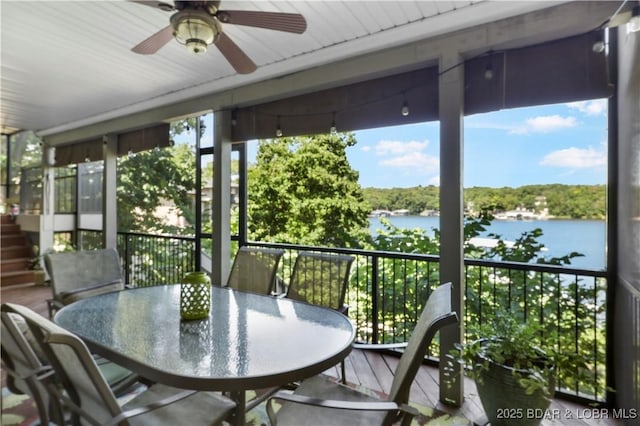 1078 Cornett Branch Rd, Lake Ozark, MO 65049 - sunroom / solarium featuring a ceiling fan, a water view, and outdoor dining area