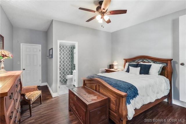 1078 Cornett Branch Rd, Lake Ozark, MO 65049 - bedroom with dark wood-style floors, connected bathroom, and a ceiling fan