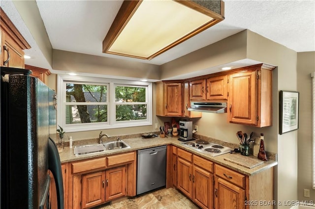 1078 Cornett Branch Rd, Lake Ozark, MO 65049 - kitchen with dishwasher, freestanding refrigerator, white electric stovetop, under cabinet range hood, and brown cabinetry
