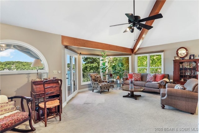1078 Cornett Branch Rd, Lake Ozark, MO 65049 - carpeted living area featuring beamed ceiling, plenty of natural light, ceiling fan, and high vaulted ceiling