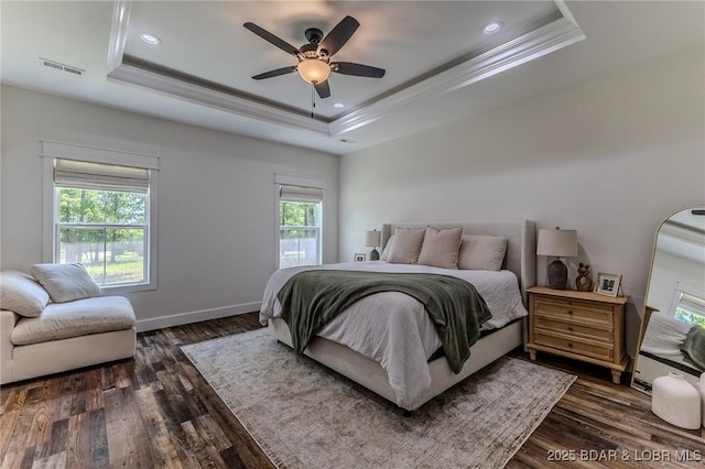 28 Simple Time Dr, Camdenton, MO 65020 - bedroom with a tray ceiling, crown molding, multiple windows, dark wood-type flooring, and recessed lighting