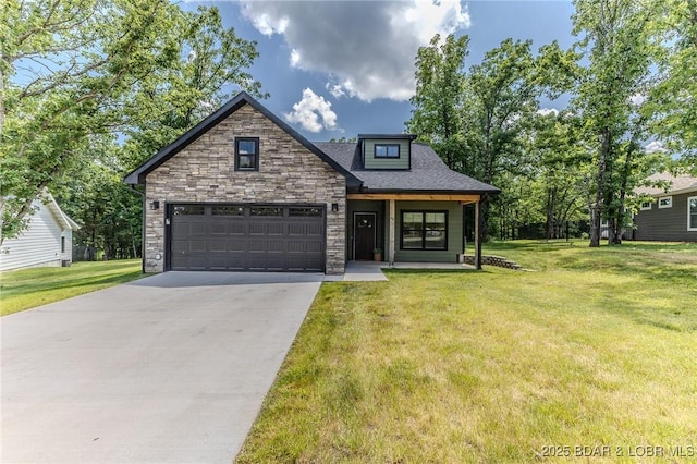 28 Simple Time Dr, Camdenton, MO 65020 - view of front facade with concrete driveway, stone siding, a garage, and a front yard