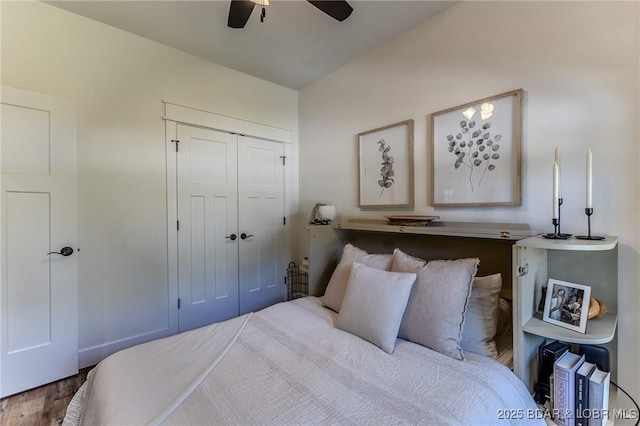 28 Simple Time Dr, Camdenton, MO 65020 - bedroom with wood finished floors, a closet, and a ceiling fan