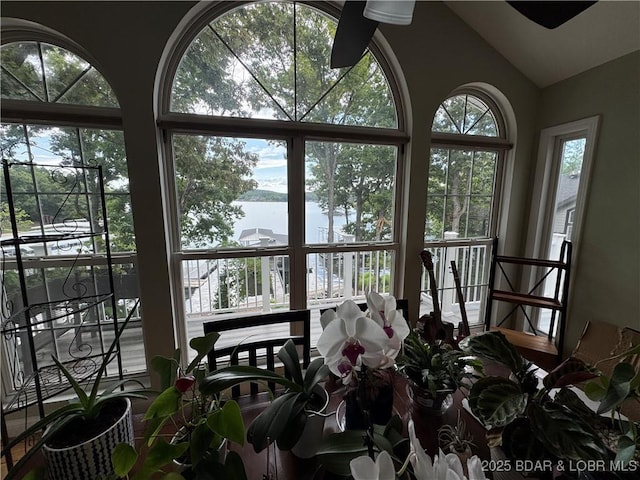 1215 Anemone Rd, Lake Ozark, MO 65049 - sunroom featuring a water view and vaulted ceiling
