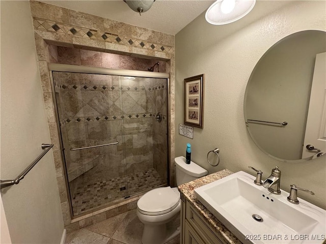 1215 Anemone Rd, Lake Ozark, MO 65049 - full bathroom featuring vanity, a shower stall, tile patterned floors, and a textured ceiling