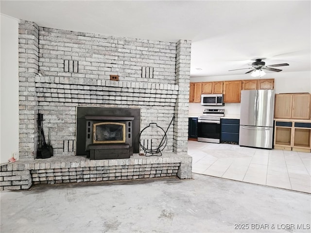 238 Foote Lane Rd, Eldon, MO 65026 - unfurnished living room featuring a brick fireplace, concrete floors, and a ceiling fan
