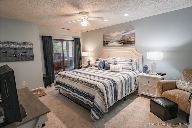 28 Eleven W Ct Unit 2A, Sunrise Beach, MO 65079 - carpeted bedroom featuring a textured ceiling, ceiling fan, and recessed lighting