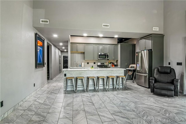 1972 Anderson Hollow Rd, Linn Creek, MO 65052 - kitchen featuring appliances with stainless steel finishes, a towering ceiling, gray cabinetry, light marble finish floors, and a kitchen island with sink