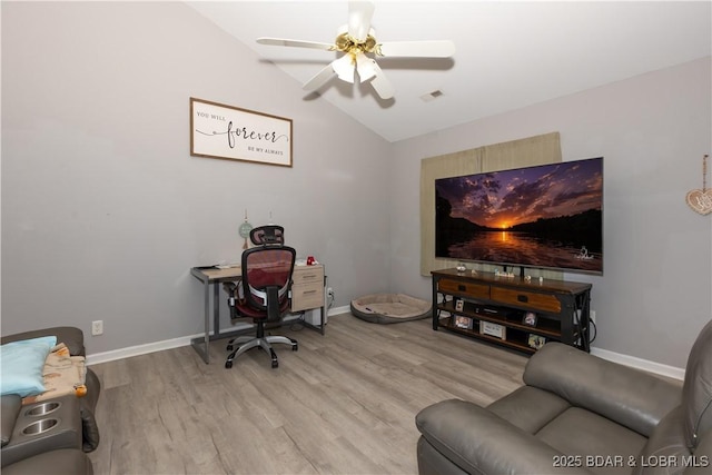 152 Pawnee Rd, Lake Ozark, MO 65049 - office area with lofted ceiling, wood finished floors, and ceiling fan