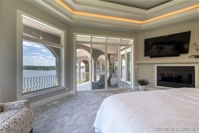 348 Cedar Crest Dr, Lake Ozark, MO 65049 - carpeted bedroom with access to exterior, a raised ceiling, a glass covered fireplace, and ornamental molding