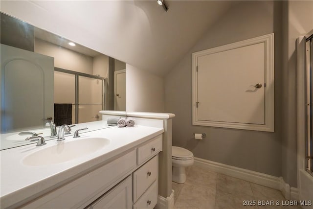 348 Cedar Crest Dr, Lake Ozark, MO 65049 - bathroom with a shower with door, vanity, vaulted ceiling, and tile patterned floors