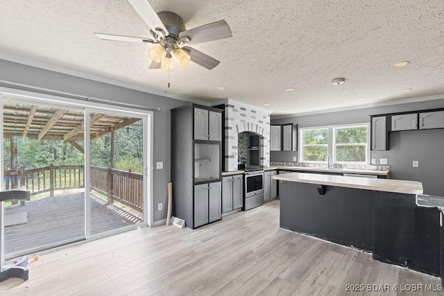 1123 Woodland Dr, Eldon, MO 65026 - kitchen with stainless steel range with electric stovetop, ornamental molding, light wood-style flooring, light countertops, and ceiling fan