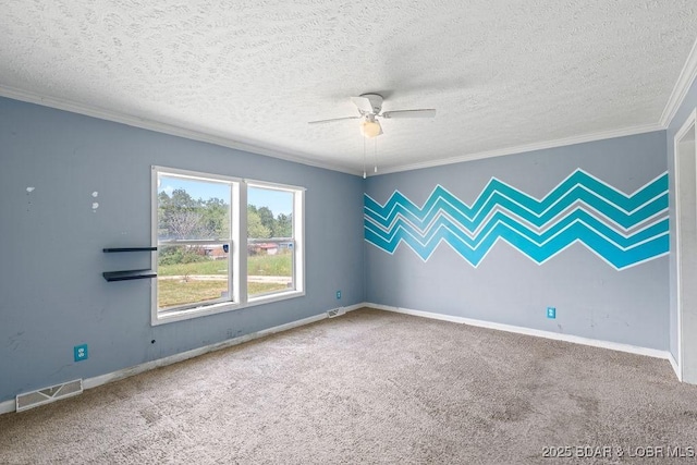 1123 Woodland Dr, Eldon, MO 65026 - empty room with carpet flooring, a ceiling fan, crown molding, and a textured ceiling