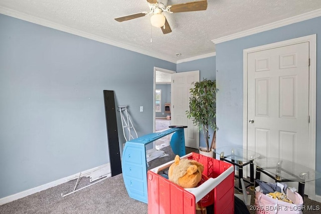 1123 Woodland Dr, Eldon, MO 65026 - carpeted bedroom with a textured ceiling, ornamental molding, and a ceiling fan