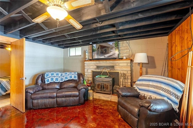57 Ke Jo Point Rd, Gravois Mills, MO 65037 - living room featuring concrete flooring and a fireplace