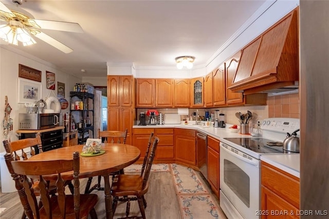 57 Ke Jo Point Rd, Gravois Mills, MO 65037 - kitchen featuring stainless steel appliances, premium range hood, light countertops, a ceiling fan, and light wood-type flooring