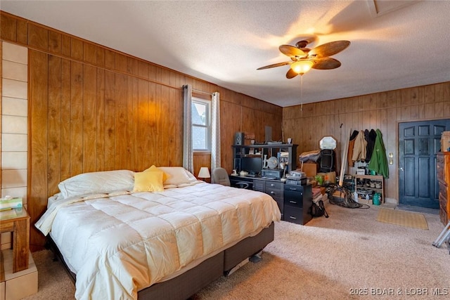 57 Ke Jo Point Rd, Gravois Mills, MO 65037 - carpeted bedroom with wood walls, ceiling fan, and a textured ceiling