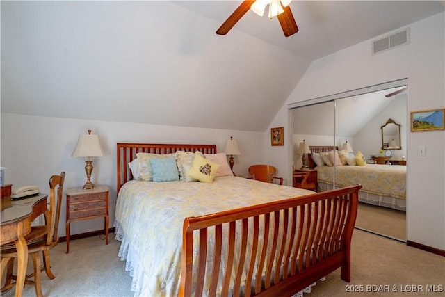 67 Windjammer Estates Dr, Lake Ozark, MO 65049 - carpeted bedroom with vaulted ceiling, a ceiling fan, and a closet