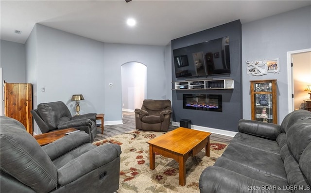 432 Cornett Branch Rd, Four Seasons, MO 65049 - living room with arched walkways, wood finished floors, and a glass covered fireplace