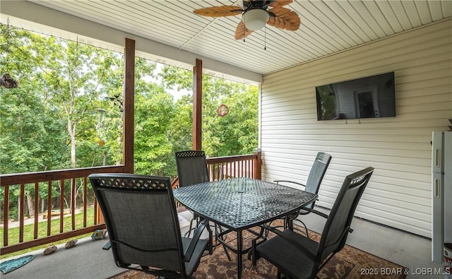 432 Cornett Branch Rd, Four Seasons, MO 65049 - wooden terrace with a ceiling fan and outdoor dining space
