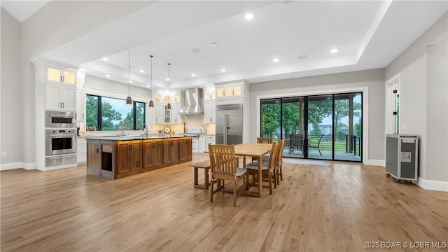 1254 Darwin Dr, Osage Beach, MO 65065 - dining room with light wood-style floors, a raised ceiling, plenty of natural light, and recessed lighting