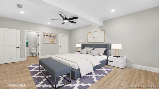 1254 Darwin Dr, Osage Beach, MO 65065 - bedroom with light wood finished floors, recessed lighting, ceiling fan, and ensuite bathroom