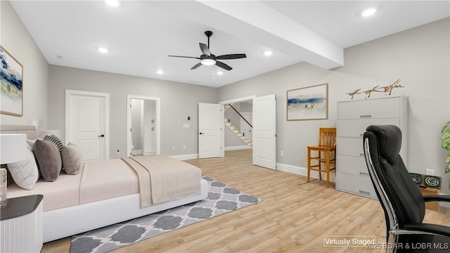 1254 Darwin Dr, Osage Beach, MO 65065 - bedroom featuring light wood-type flooring, an office area, recessed lighting, and ceiling fan