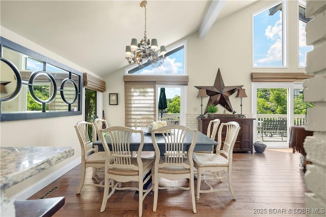 541 Elbow Cay Dr, Osage Beach, MO 65065 - dining area with a chandelier, plenty of natural light, wood finished floors, beamed ceiling, and high vaulted ceiling