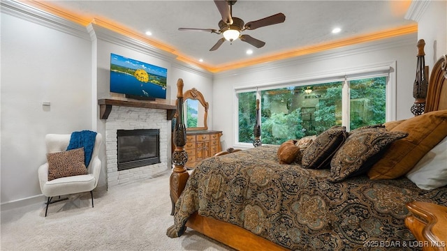 1453 Grand View Dr, Porto Cima, MO 65079 - carpeted bedroom featuring crown molding, multiple windows, a fireplace, recessed lighting, and ceiling fan