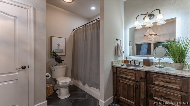 1453 Grand View Dr, Porto Cima, MO 65079 - full bathroom featuring vanity, tile patterned floors, a chandelier, and shower / bath combo