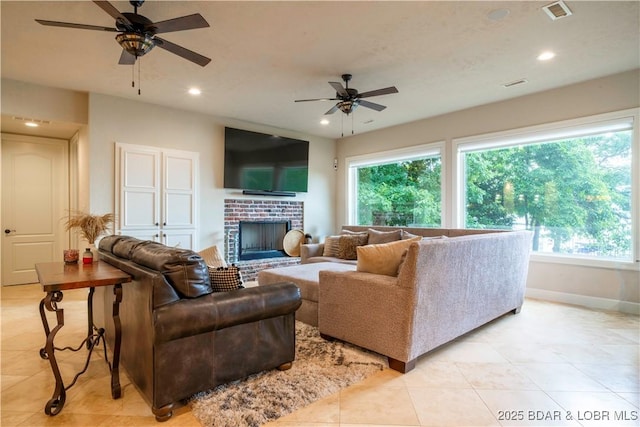 1453 Grand View Dr, Porto Cima, MO 65079 - living room with a ceiling fan, plenty of natural light, light tile patterned floors, and recessed lighting
