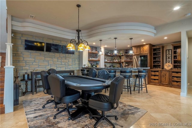 1453 Grand View Dr, Porto Cima, MO 65079 - rec room with recessed lighting, bar area, and light tile patterned floors