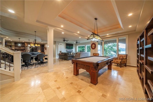 1453 Grand View Dr, Porto Cima, MO 65079 - rec room with a tray ceiling, billiards table, recessed lighting, ceiling fan, and crown molding