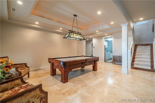 1453 Grand View Dr, Porto Cima, MO 65079 - playroom with a raised ceiling, recessed lighting, billiards, and ornamental molding