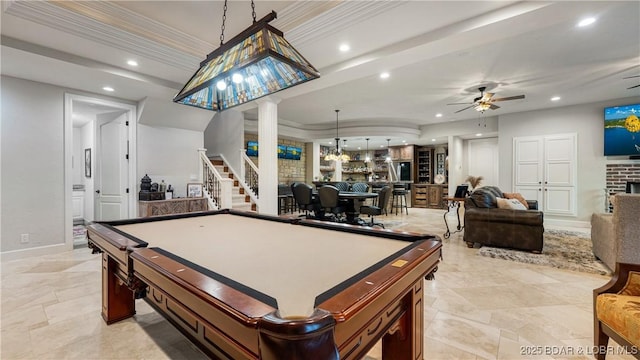 1453 Grand View Dr, Porto Cima, MO 65079 - game room with a raised ceiling, pool table, a ceiling fan, recessed lighting, and ornate columns