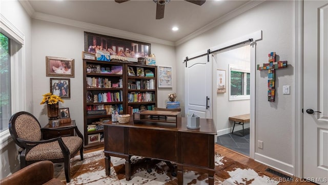 1453 Grand View Dr, Porto Cima, MO 65079 - home office featuring a barn door, wood finished floors, ornamental molding, a ceiling fan, and recessed lighting