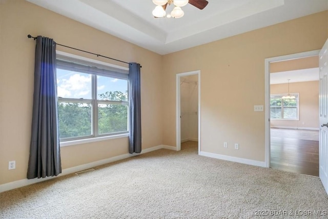 267 Cornett Branch Rd, Four Seasons, MO 65049 - unfurnished bedroom with carpet flooring, a tray ceiling, and a walk in closet