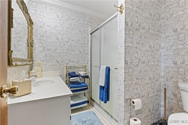 64 Fox Point Dr, Roach, MO 65787 - full bathroom featuring a stall shower, vanity, tile patterned floors, crown molding, and wallpapered walls