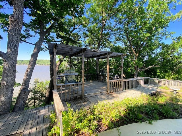 64 Fox Point Dr, Roach, MO 65787 - wooden terrace with a pergola and a water view