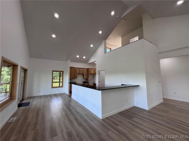 1378 Full Gallop Ln, Roach, MO 65787 - kitchen with high vaulted ceiling, open floor plan, dark countertops, wood finished floors, and brown cabinets