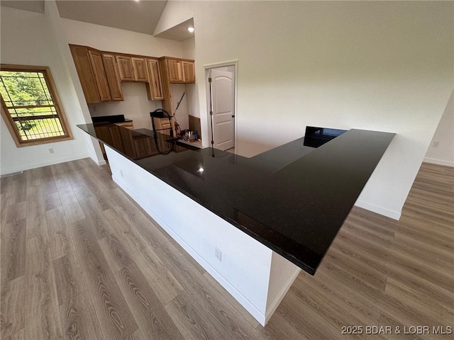 1378 Full Gallop Ln, Roach, MO 65787 - kitchen with wood finished floors, a desk, a peninsula, and high vaulted ceiling