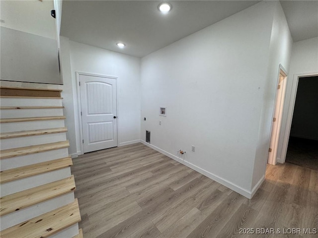 1378 Full Gallop Ln, Roach, MO 65787 - washroom featuring hookup for a gas dryer, hookup for a washing machine, wood finished floors, and recessed lighting