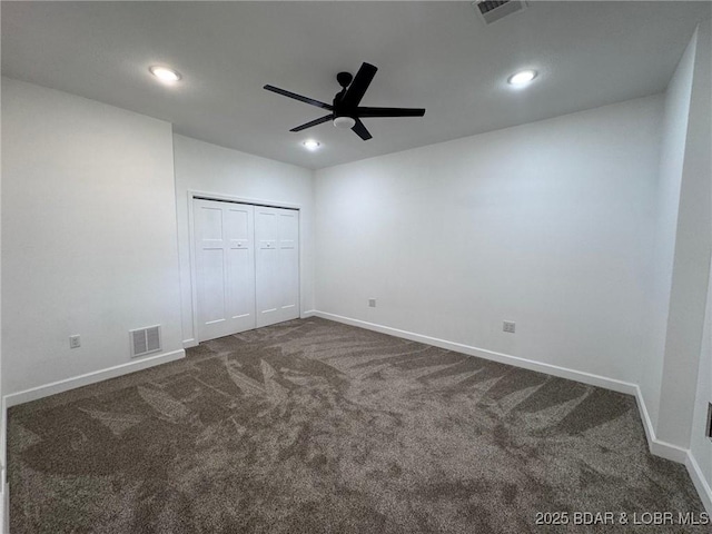1378 Full Gallop Ln, Roach, MO 65787 - unfurnished bedroom featuring dark colored carpet, recessed lighting, a ceiling fan, and a closet